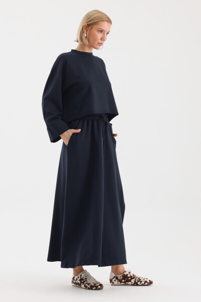 Navy Double-Sleeve Detailed Skirted Basic Set 