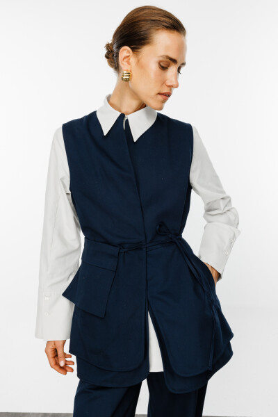 Navy Gabardine Pocketed Belted Vest 