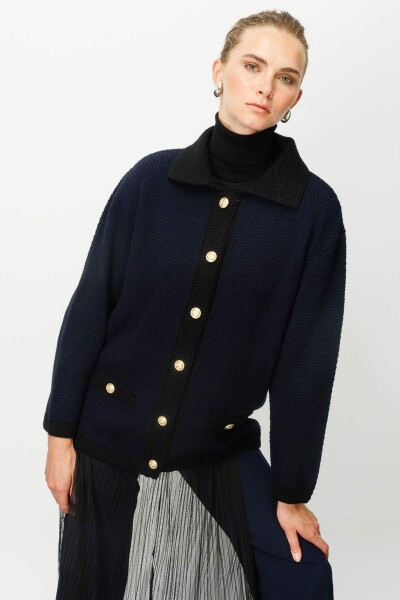 Navy Textured Polo Collar Cardigan 